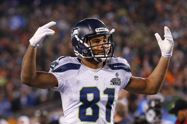 FILE - In this Feb. 2, 2014, file photo, Seattle Seahawks wide receiver Golden Tate celebrates against the Denver Broncos during the NFL Super Bowl XLVIII football game at MetLife Stadium in East Rutherford, N.J. The Detroit Lions have acquired Tate, their top target in free agency. (AP Photo/Paul Sancya, File)