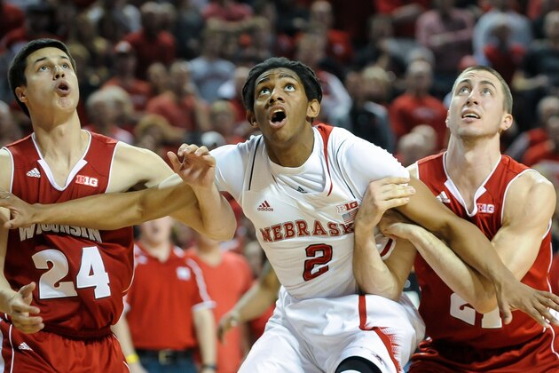 LINCOLN, NE - MARCH 9: David Rivers #2 of the Nebraska Cornhuskers fights off Bronson Koenig #24 and Josh Gasser #21 of the Wisconsin Badgers during their game at Pinnacle Bank Arena on March 9, 2014 in Lincoln, Nebraska. (Photo by Eric Francis/Getty Images)