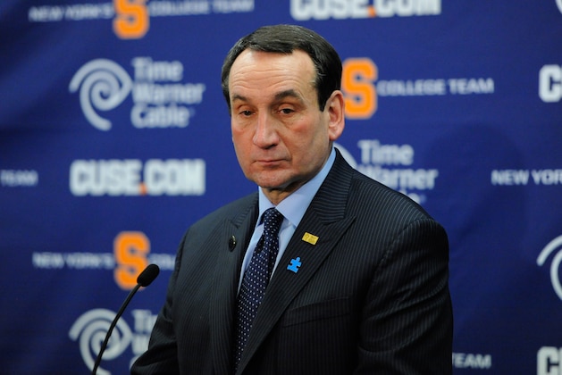 SYRACUSE, NY - FEBRUARY 01:  Head coach Mike Krzyzewski of the Duke Blue Devils speaks with the media following the game against the Syracuse Orange at the Carrier Dome on February 1, 2014 in Syracuse, New York.  Syracuse defeated Duke 91-89 in overtime.  (Photo by Rich Barnes/Getty Images)