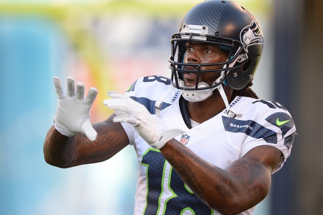 SAN DIEGO, CA - AUGUST 08:  Sidney Rice #18 of the Seattle Seahawks during warm up before the game against the San Diego Chargers at Qualcomm Stadium on August 8, 2013 in San Diego, California.  (Photo by Harry How/Getty Images)