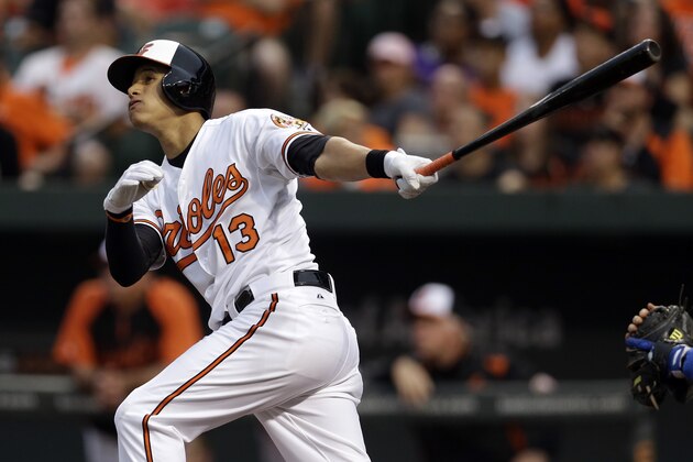 Baltimore Orioles' Manny Machado watches his solo home run in the third inning of a baseball game against the Texas Rangers, Tuesday, July 9, 2013, in Baltimore. (AP Photo/Patrick Semansky) Baltimore Orioles' Manny Machado watches his solo home run in the third inning of a baseball game against the Texas Rangers, Tuesday, July 9, 2013, in Baltimore. (AP Photo/Patrick Semansky)