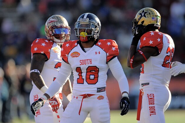 MOBILE, AL - JANUARY 25:  Lavelle Westbrooks #18 of the South squad reacts to a defensive stop against the North squad during the Reese's Senior Bowl at Ladd-Peebles Stadium on January 25, 2014 in Mobile, Alabama.  (Photo by Stacy Revere/Getty Images)