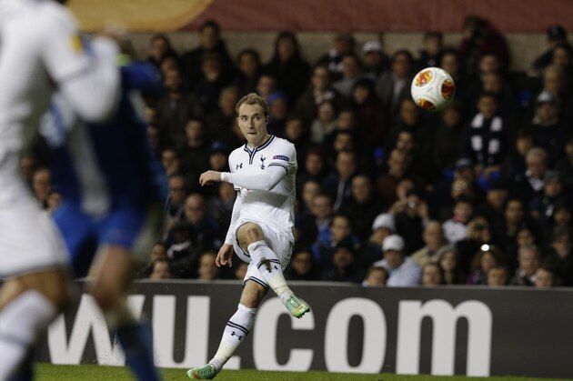 Tottenham's Christian Eriksen scores a free kick during the Europa League Group K soccer match between Tottenham Hotspur and Dnipro at White Hart Lane stadium in London, Thursday, Feb. 27, 2014.  (AP Photo/Matt Dunham)