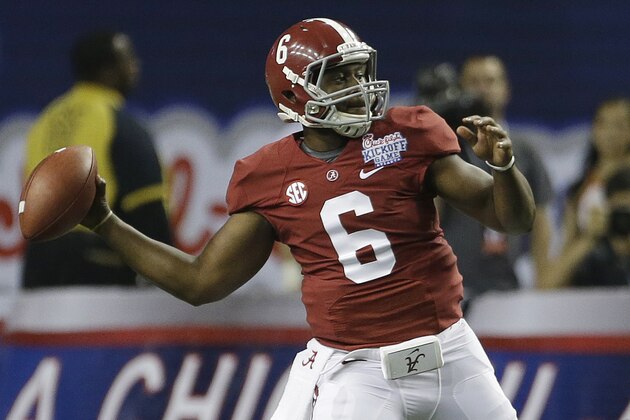 Alabama quarterback Blake Sims (6) looks for a receiver in the second half of an NCAA college football game against Virginia Tech in Atlanta Saturday, Aug. 31, 2013. Alabama beat Virginia Tech 35-10. (AP Photo/Dave Martin)
