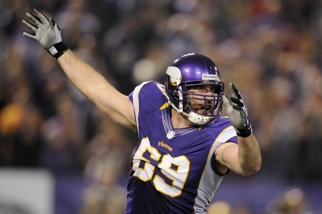 MINNEAPOLIS, MN - OCTOBER 25: Jared Allen #69 of the Minnesota Vikings celebrates a sack during the third quarter of the game against the Tampa Bay Buccaneers on October 25, 2012 at Mall of America Field at the Hubert H. Humphrey Metrodome in Minneapolis, Minnesota. (Photo by Hannah Foslien/Getty Images)