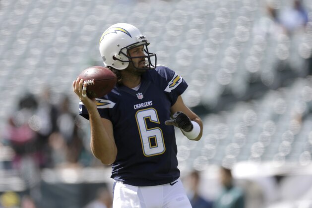 San Diego Chargers' Charlie Whitehurst warms up before an NFL football game against the Philadelphia Eagles, Sunday, Sept. 15, 2013, in Philadelphia. (AP Photo/Matt Rourke)