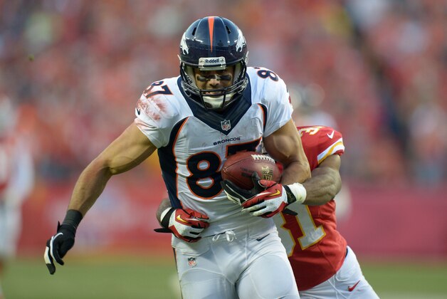 Dec 1, 2013; Kansas City, MO, USA; Denver Broncos receiver Eric Decker (87) is defended by Kansas City Chiefs cornerback Marcus Cooper (31) at Arrowhead Stadium. Mandatory Credit: Kirby Lee-USA TODAY Sports