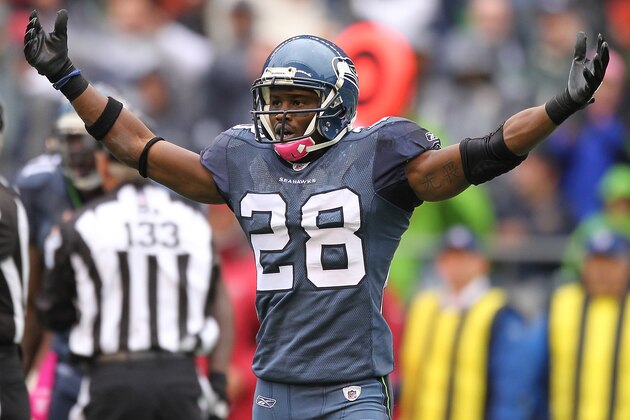 SEATTLE - OCTOBER 24:  Walter Thurmond #28 of the Seattle Seahawks reacts after the Seahawks recovered a fumble in the first half against the Arizona Cardinals at Qwest Field on October 24, 2010 in Seattle, Washington. The Seahawks defeated the Cardinals 22-10.(Photo by Otto Greule Jr/Getty Images)
