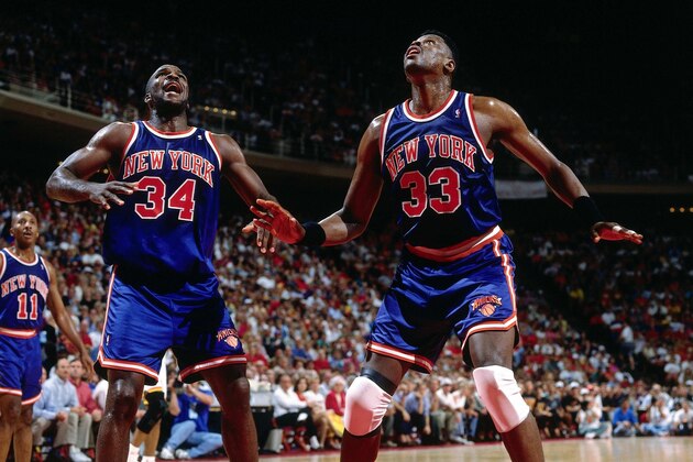 HOUSTON - JUNE 19:  Charles Oakley #34 and Patrick Ewing #33 of the New York Knicks wait for the rebound  during Game Six of the NBA Finals played on June 19, 1994 at the The Summit in Houston, Texas.  NOTE TO USER: User expressly acknowledges that, by downloading and or using this photograph, User is consenting to the terms and conditions of the Getty Images License agreement. Mandatory Copyright Notice: Copyright 1994 NBAE (Photo by Nathaniel S. Butler/NBAE via Getty Images)