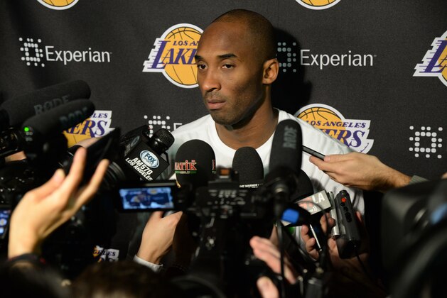 LOS ANGELES, CA - JANUARY 5:  Kobe Bryant #24 of the Los Angeles Lakers speaks to the media before a game against the Denver Nuggets at STAPLES Center on January 5, 2013 in Los Angeles, California. NOTE TO USER: User expressly acknowledges and agrees that, by downloading and/or using this Photograph, user is consenting to the terms and conditions of the Getty Images License Agreement. Mandatory Copyright Notice: Copyright 2013 NBAE (Photo by Andrew D. Bernstein/NBAE via Getty Images)