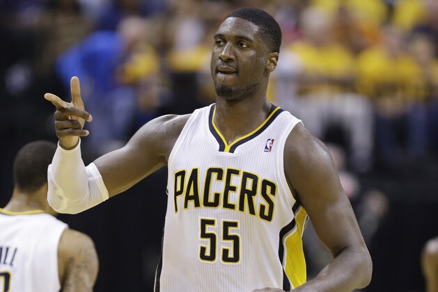 Indiana Pacers center Roy Hibbert reacts during the first half of Game 6 of the NBA Eastern Conference basketball finals against the Miami Heat in Indianapolis, Saturday, June 1, 2013. (AP Photo/Michael Conroy) Indiana Pacers center Roy Hibbert reacts during the first half of Game 6 of the NBA Eastern Conference basketball finals against the Miami Heat in Indianapolis, Saturday, June 1, 2013. (AP Photo/Michael Conroy)