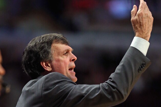 CHICAGO, IL - MARCH 13:  Head coach Kevin McHale  of the Houston Rockets gives instructions to his team against the Chicago Bulls at the United Center on March 13, 2014 in Chicago, Illinois. The Bulls defeated the Rockets 111-87. NOTE TO USER: User expressly acknowledges and agrees that, by downloading and or using this photograph, User is consenting to the terms and conditions of the Getty Images License Agreement.  (Photo by Jonathan Daniel/Getty Images)