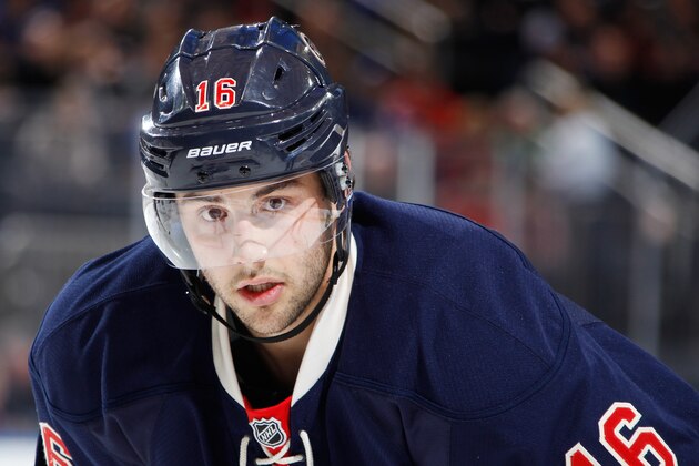 NEW YORK, NY - FEBRUARY 27:  Derick Brassard #16 of the New York Rangers looks on during a face-off against the Chicago Blackhawks at Madison Square Garden on February 27, 2014 in New York City. The New York Rangers won 2-1. (Photo by Scott Levy/NHLI via Getty Images)