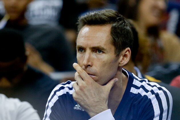 Nov 8, 2013; New Orleans, LA, USA;  Los Angeles Lakers guard Steve Nash sits on the bench during the second half of a game against the New Orleans Pelicans at New Orleans Arena. The Pelicans defeated the Lakers 96-85. Mandatory Credit: Derick E. Hingle-USA TODAY Sports
