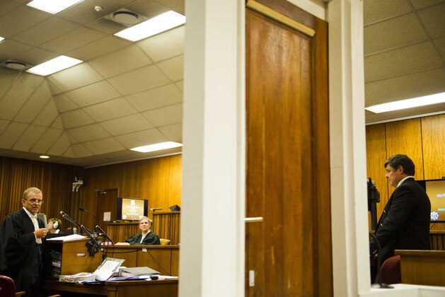 Forensic expert Johannes Vermeulen, right, is questioned by state prosecutor, Gerrie Nel, left, as he gives evidence in court in Pretoria, South Africa, Thursday, March 13, 2014, in the Oscar Pistorius case. Oscar Pistorius is charged with the shooting death of his girlfriend Reeva Steenkamp in 2013.  Prosecutors in the Oscar Pistorius murder trial on Thursday displayed a sequence of photos showing the blood stains and blood spatter found on the floors, walls, stairs and chairs in the athlete's house after he fatally shot his girlfriend.  The door at centre is set up in court to graphically portray the toilet door through which Steenkamp was fatally shot. (AP Photo/Alet Pretorius, Pool)