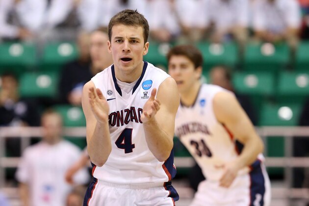 SALT LAKE CITY, UT - MARCH 21:  Kevin Pangos #4 of the Gonzaga Bulldogs reacts in the second half while taking on the Southern University Jaguars during the second round of the 2013 NCAA Men's Basketball Tournament at EnergySolutions Arena on March 21, 2013 in Salt Lake City, Utah.  (Photo by Streeter Lecka/Getty Images)