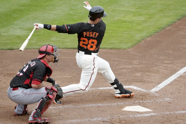 San Francisco Giants' Buster Posey bats against the Cincinnati Reds during a spring training baseball game in Scottsdale, Ariz., Thursday, March 6, 2014. (AP Photo/Chris Carlson)