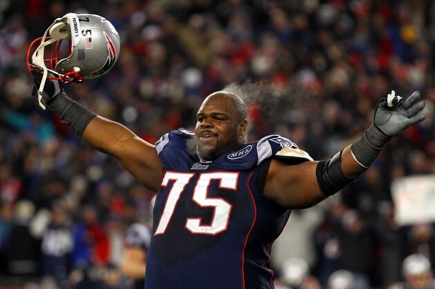 FOXBORO, MA - JANUARY 22:   Vince Wilfork #75 of the New England Patriots celebrates after defeating the Baltimore Ravens in the AFC Championship Game at Gillette Stadium on January 22, 2012 in Foxboro, Massachusetts. The New England Patriots defeated the Baltimore Ravens 20-23.  (Photo by Al Bello/Getty Images)