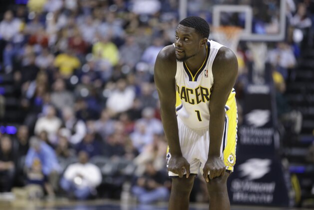 Indiana Pacers guard Lance Stephenson in the first half of an NBA basketball game against the Sacramento Kings in Indianapolis, Tuesday, Jan. 14, 2014.  (AP Photo/Michael Conroy)