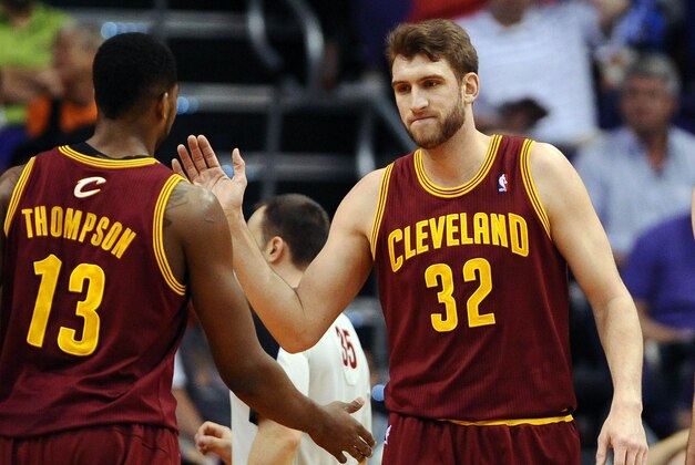 Mar 12, 2014; Phoenix, AZ, USA; Cleveland Cavaliers center Spencer Hawes (32) high fives forward Tristan Thompson (13) against the Phoenix Suns in the first half at US Airways Center. The Cavaliers won 110-101. Mandatory Credit: Jennifer Stewart-USA TODAY Sports