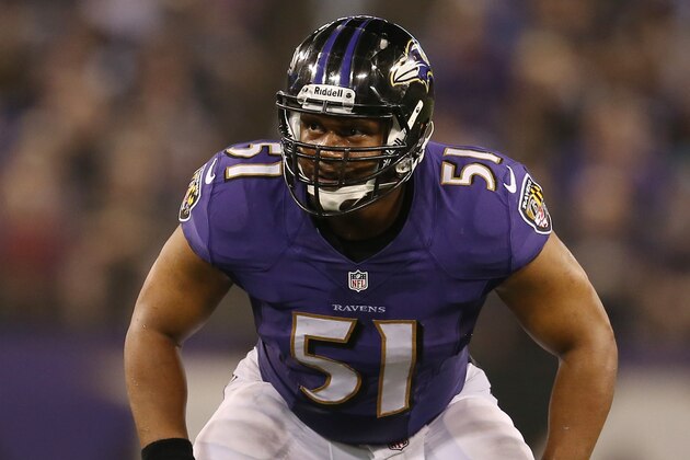 BALTIMORE, MD - AUGUST 22: Outside linebacker Daryl Smith #51 of the Baltimore Ravens lines up against the Carolina Panthers during a preseason game at M&T Bank Stadium on August 22, 2013 in Baltimore, Maryland.  (Photo by Rob Carr/Getty Images)