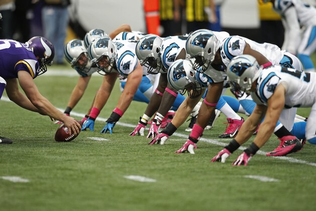Oct 13, 2013; Minneapolis, MN, USA; Members of the Carolina Panthers special teams line up against the Minnesota Vikings for a punt wearing pink to commemorate Breast Cancer Awareness Month at Mall of America Field at H.H.H. Metrodome. Panthers win 35-10. Mandatory Credit: Bruce Kluckhohn-USA TODAY Sports
