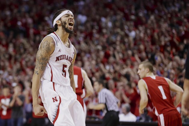 Nebraska's Terran Petteway (5) reacts after scoring in the second half of an NCAA college basketball game against Wisconsin in Lincoln, Neb., Sunday, March 9, 2014. Nebraska won 77-68. (AP Photo/Nati Harnik)