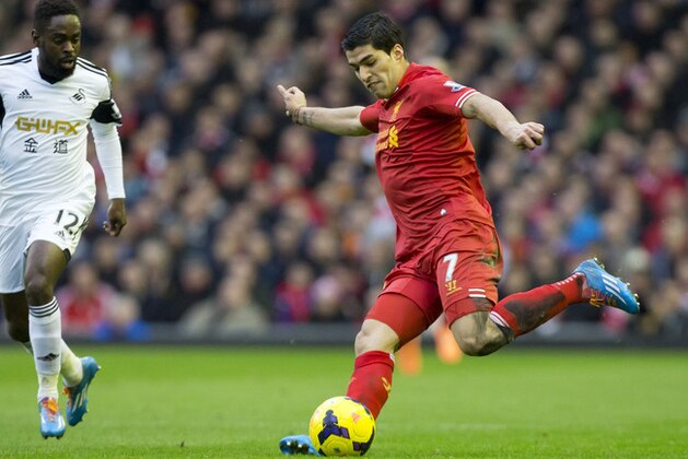 Liverpool's Luis Suarez keeps the ball from Swansea City's Nathan Dyer during their English Premier League soccer match at Anfield Stadium, Liverpool, England, Sunday Feb. 23, 2014. (AP Photo/Jon Super)
