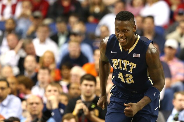 GREENSBORO, NC - MARCH 14:  Talib Zanna #42 of the Pittsburgh Panthers reacts after a basket against the North Carolina Tar Heels during the quarterfinals of the 2014 Men's ACC Basketball Tournament at Greensboro Coliseum on March 14, 2014 in Greensboro, North Carolina.  (Photo by Streeter Lecka/Getty Images)