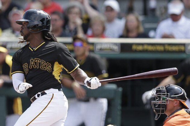 Pittsburgh Pirates' Andrew McCutchen hits during a spring exhibition baseball game against the Baltimore Orioles in Bradenton, Fla., Monday, March 10, 2014. (AP Photo/Carlos Osorio)