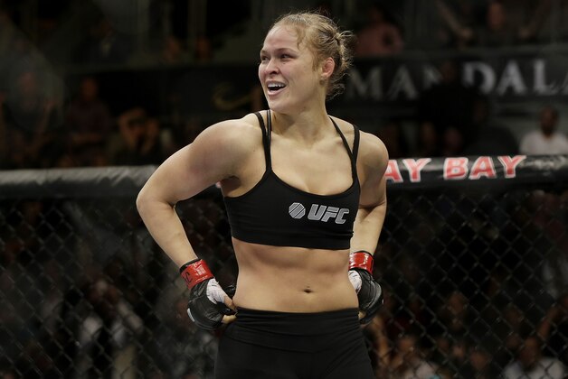 Ronda Rousey reacts after defeating Sara McMann following a UFC 170 mixed martial arts women's bantamweight title bout on Saturday, Feb. 22, 2014, in Las Vegas. (AP Photo/Isaac Brekken) Ronda Rousey reacts after defeating Sara McMann following a UFC 170 mixed martial arts women's bantamweight title bout on Saturday, Feb. 22, 2014, in Las Vegas. (AP Photo/Isaac Brekken)
