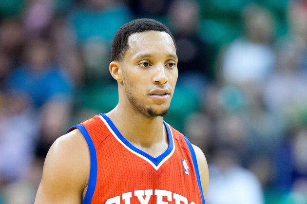 Feb 12, 2014; Salt Lake City, UT, USA; Philadelphia 76ers small forward Evan Turner (12) leaves the court during the second half against the Utah Jazz at EnergySolutions Arena. The Jazz won 105-100. Mandatory Credit: Russ Isabella-USA TODAY Sports