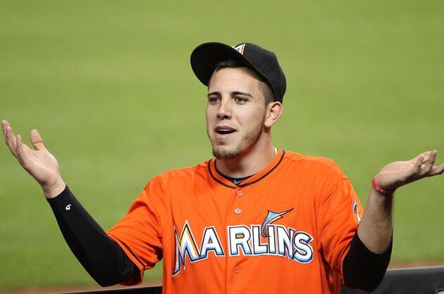 MIAMI, FL - SEPTEMBER 24: Pitcher Jose Fernandez #16 of the Miami Marlins jokes with fans prior to his team playing against the Philadelphia Phillies at Marlins Park on September 24, 2013 in Miami, Florida. The Phillies defeated the Marlins 2-1 to give Miami 100 losses for the season. (Photo by Marc Serota/Getty Images)