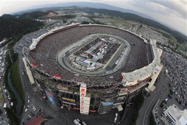 The NASCAR Sprint Cup Series auto race is run in Bristol Motor Speedway on Saturday, Aug. 25, 2012, in Bristol, Tenn. (AP Photo/Andrew Coppley, CIA Bristol Motor Speedway, Pool)