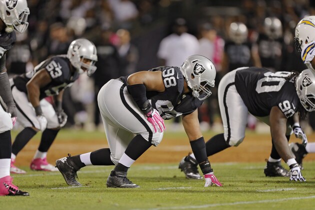 OAKLAND, CA - OCTOBER 06:  Defensive tackle Vance Walker #98 of the Oakland Raiders waits for the snap by the San Diego Chargers in the first quarter on October 06, 2013 at O.co Coliseum in Oakland, California.  The Raiders won 27-17.  (Photo by Brian Bahr/Getty Images)