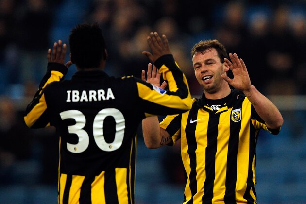 ARNHEM, NETHERLANDS - DECEMBER 19: Nicky Hofs (R) of Vitesse celebrates with team mate Renato Ibarra after he scores a goal during the KNVB Dutch Cup match between Vitesse Arnhem and ADO 20 at Gelredome on December 19, 2012 in Arnhem, Netherlands. (Photo by Dean Mouhtaropoulos/Getty Images) ARNHEM, NETHERLANDS - DECEMBER 19: Nicky Hofs (R) of Vitesse celebrates with team mate Renato Ibarra after he scores a goal during the KNVB Dutch Cup match between Vitesse Arnhem and ADO 20 at Gelredome on December 19, 2012 in Arnhem, Netherlands. (Photo by Dean Mouhtaropoulos/Getty Images)
