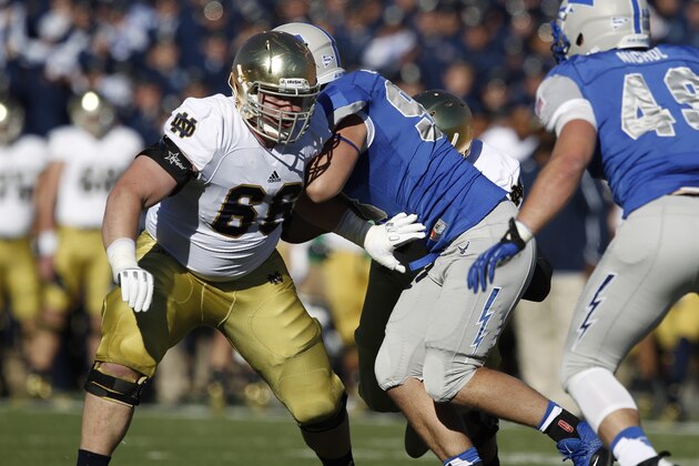 Notre Dame offensive guard Chris Watt, left, faces off against Air Force in the first quarter of an NCAA football game at the Air Force Academy, Colo., on Saturday, Oct. 26, 2013. (AP Photo/David Zalubowski)