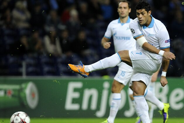In this picture taken Tuesday, Oct. 22, 2013 Zenit's Hulk seen in action at the Champions League group G soccer match between FC Porto and Zenit, at the Dragao stadium in Porto, Portugal. Zenit 1-0.(AP Photo/Paulo Duarte)