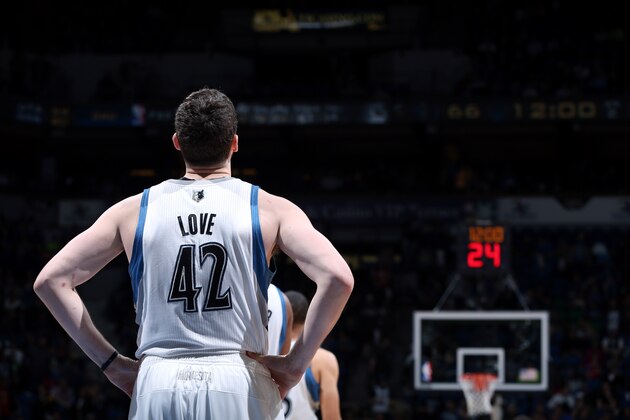 MINNEAPOLIS, MN - MARCH 7: Kevin Love #42 of the Minnesota Timberwolves stands on the court during a game against the Detroit Pistons on March 7, 2014 at Target Center in Minneapolis, Minnesota. NOTE TO USER: User expressly acknowledges and agrees that, by downloading and or using this Photograph, user is consenting to the terms and conditions of the Getty Images License Agreement. Mandatory Copyright Notice: Copyright 2014 NBAE (Photo by David Sherman/NBAE via Getty Images)