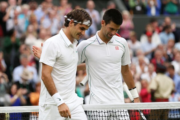 LONDON, ENGLAND - JULY 06: Roger Federer of Switzerland (L) is congratulated by Novak Djokovic of Serbia after his Gentlemen's Singles semi final match on day eleven of the Wimbledon Lawn Tennis Championships at the All England Lawn Tennis and Croquet Club on July 6, 2012 in London, England. (Photo by Clive Brunskill/Getty Images) LONDON, ENGLAND - JULY 06: Roger Federer of Switzerland (L) is congratulated by Novak Djokovic of Serbia after his Gentlemen's Singles semi final match on day eleven of the Wimbledon Lawn Tennis Championships at the All England Lawn Tennis and Croquet Club on July 6, 2012 in London, England. (Photo by Clive Brunskill/Getty Images)