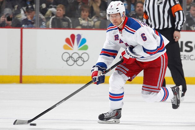 PITTSBURGH, PA - FEBRUARY 7:  Anton Stralman #6 of the New York Rangers moves the puck against the Pittsburgh Penguins on February 7, 2014 at Consol Energy Center in Pittsburgh, Pennsylvania.  (Photo by Gregory Shamus/NHLI via Getty Images)