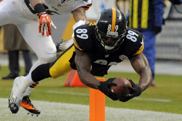 Pittsburgh Steelers wide receiver Emmanuel Sanders (88) dives for the end zone and a touchdown past Cleveland Browns cornerback Leon McFadden (29) after catching a pass in the first quarter of an NFL football game on Sunday, Dec. 29, 2013, in Pittsburgh. (AP Photo/Don Wright)
