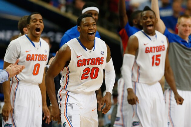ATLANTA, GA - MARCH 15: Michael Frazier II #20 of the Florida Gators reacts after making a three-point basket against the Tennessee Volunteers during the semifinals of the SEC Men's Basketball Tournament at Georgia Dome on March 15, 2014 in Atlanta, Georgia. (Photo by Kevin C. Cox/Getty Images) ATLANTA, GA - MARCH 15: Michael Frazier II #20 of the Florida Gators reacts after making a three-point basket against the Tennessee Volunteers during the semifinals of the SEC Men's Basketball Tournament at Georgia Dome on March 15, 2014 in Atlanta, Georgia. (Photo by Kevin C. Cox/Getty Images)