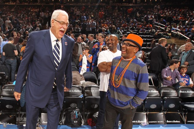 NEW YORK, NY - April 5: Phil Jackson and Spike Lee share a laugh before the game between the New York Knicks and the Milwaukee Bucks on April 5, 2013 at Madison Square Garden in New York City.  NOTE TO USER: User expressly acknowledges and agrees that, by downloading and or using this photograph, User is consenting to the terms and conditions of the Getty Images License Agreement. Mandatory Copyright Notice: Copyright 2013 NBAE  (Photo by Nathaniel S. Butler/NBAE via Getty Images)