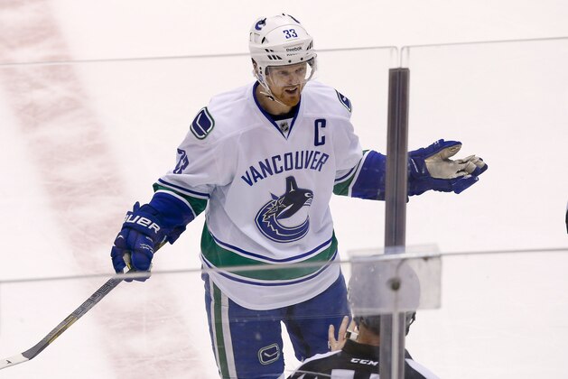 Vancouver Canucks' Henrik Sedin, of Sweden, throws his arms in the air in frustration as he complains to referee Dave Jackson after his apparent goal was disallowed during the third period of an NHL hockey game Thursday, Jan. 16, 2014, in Glendale, Ariz.  The Coyotes defeated the Canucks 1-0. (AP Photo/Ross D. Franklin)