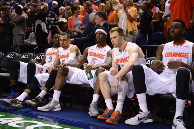 Mar 14, 2014; Greensboro, NC, USA;  Syracuse Orange forward Jerami Grant (3) and guard Tyler Ennis (11) and forward C.J. Fair (5) and guard Trevor Cooney (10) and forward Rakeem Christmas (25) during player introductions in the quarterfinals of the ACC college basketball tournament at Greensboro Coliseum. Mandatory Credit: Bob Donnan-USA TODAY Sports