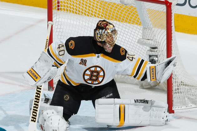 SAN JOSE, CA - JANUARY 11: Tuukka Rask #40 of the Boston Bruins makes a save against the San Jose Sharks during an NHL game on January 11, 2014 at SAP Center in San Jose, California. (Photo by Don Smith/NHLI via Getty Images)