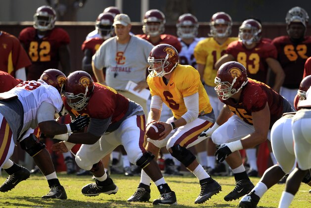 Southern California quarterback Cody Kessler (6) holds the ball during open NCAA college football practice at their Los Angeles campus on Wednesday, Oct. 2, 2013. (AP Photo/Damian Dovarganes)