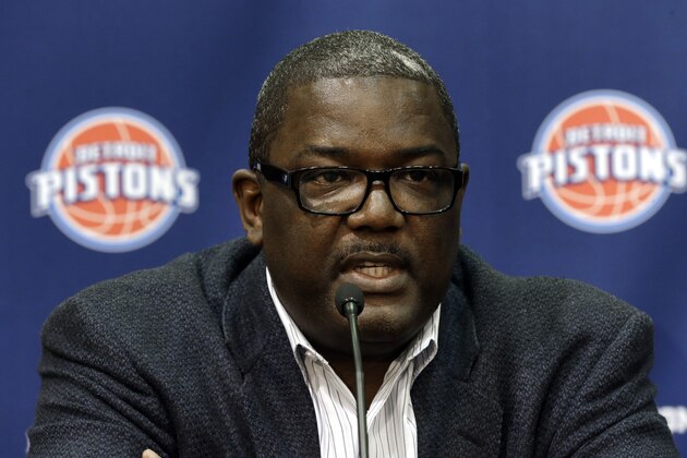 Detroit Pistons President of Basketball Operations Joe Dumars speaks at the NBA basketball team's training facility in Auburn Hills, Mich., Friday, June 28, 2013.  (AP Photo/Paul Sancya)