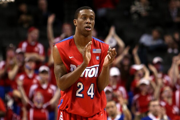 NEW YORK, NY - MARCH 14: Jordan Sibert #24 of the Dayton Flyers reacts after a play in the first half against the Saint Joseph's Hawks during the Quarterfinals of the 2014 Atlantic 10 Men's Basketball Tournament at Barclays Center on March 14, 2014 in the Brooklyn Borough of New York City.  (Photo by Mike Lawrie/Getty Images)